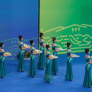 2025新款新款绿水青山礼仪旗袍青花瓷走秀礼仪服年会颁奖晚礼服装