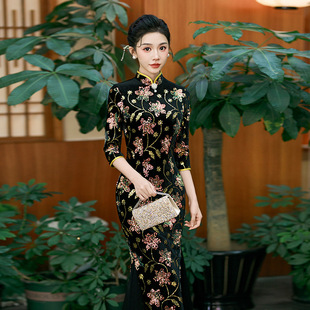 2025新款旗袍高端大气上档次舞台走秀演出服合唱团亮片黑色鱼