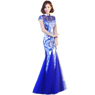 2024新款新款 青花瓷鱼尾宴会舞台走秀旗袍主持人演出服冬季连衣