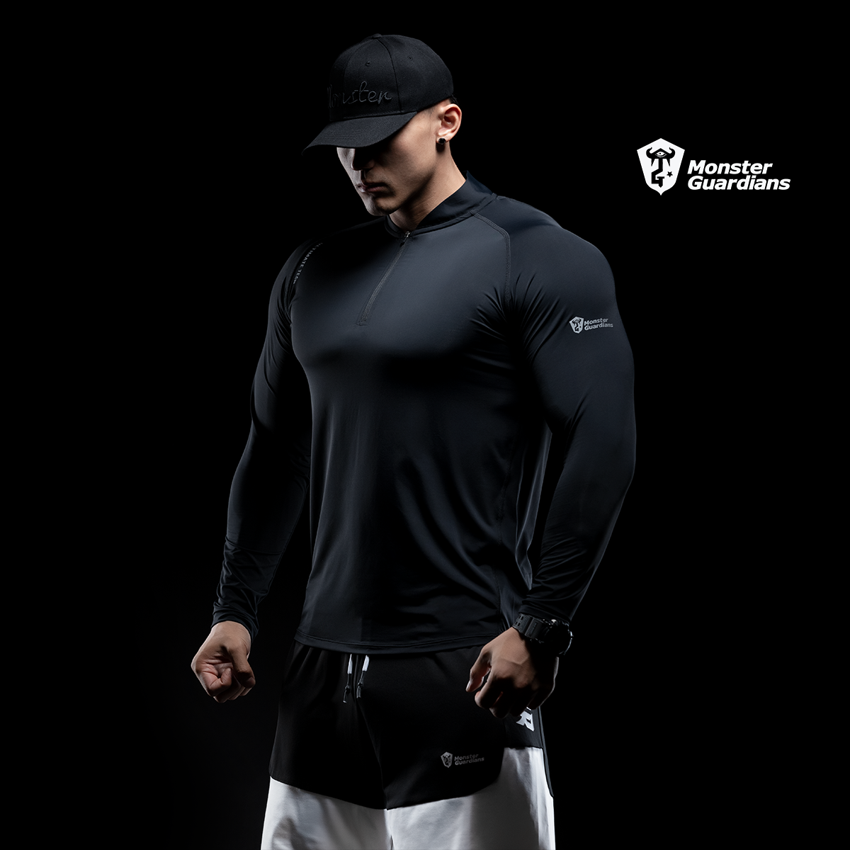 monster guardians 男子修身立领运动长袖 高弹透气训练健身上衣