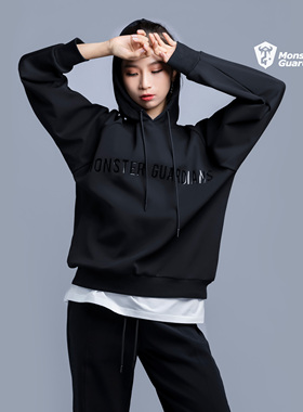 Monster Guardians 女子加绒运动卫衣黑色宽松休闲连帽套头衫