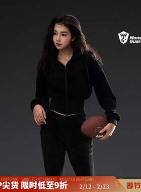 Monster Guardians女子秋冬天丝绒连帽拉链外套修身微喇长裤套装