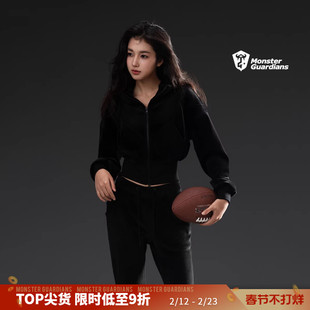 Monster Guardians女子秋冬天丝绒连帽拉链外套修身微喇长裤套装