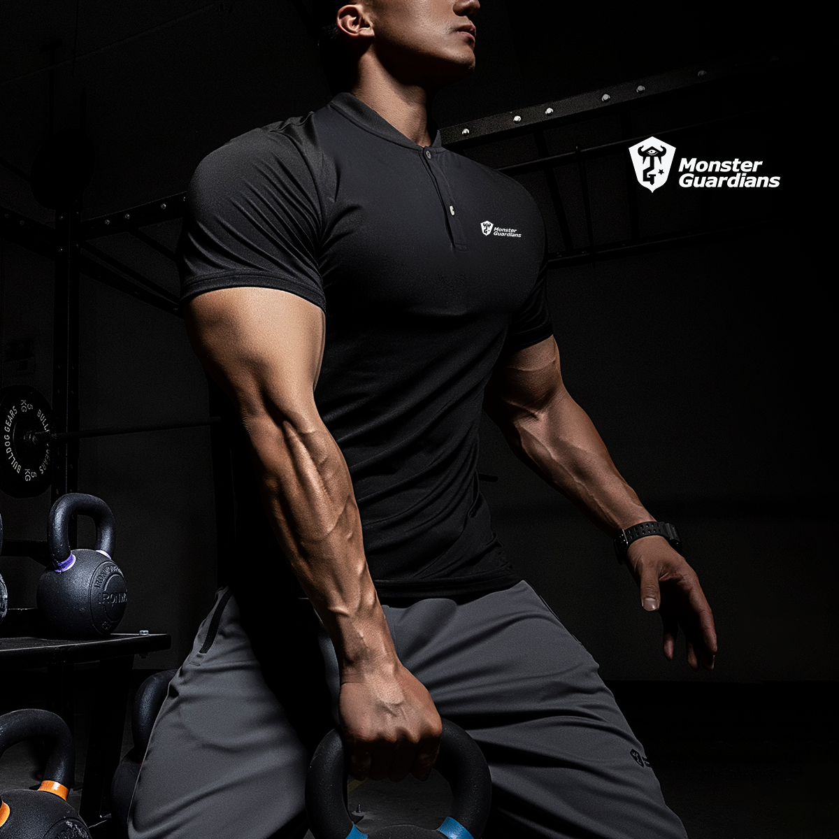 monster guardians 男子黑色高弹健身polo衫夏季修身立领运动短袖