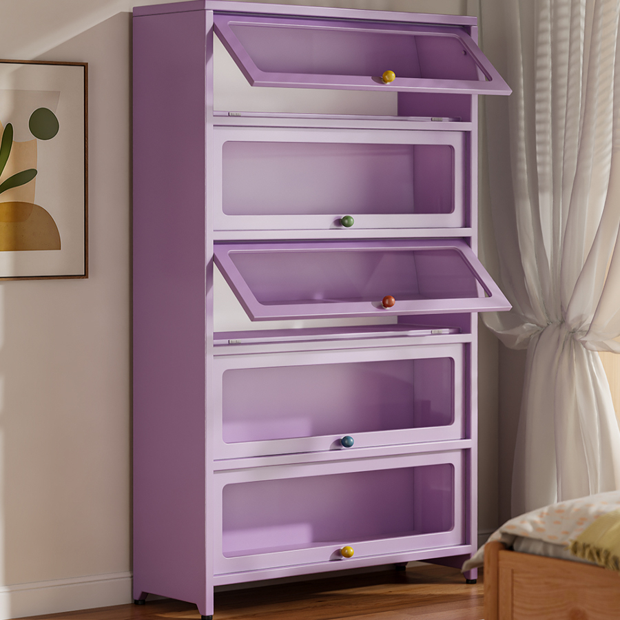 紫色书柜家用书架铁皮柜玻璃展示柜防尘储物柜上翻门式钢制收纳柜