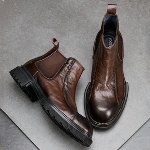 胎牛皮马丁靴男时尚高帮套筒时尚短靴复古潮流厚底户外休闲靴子男