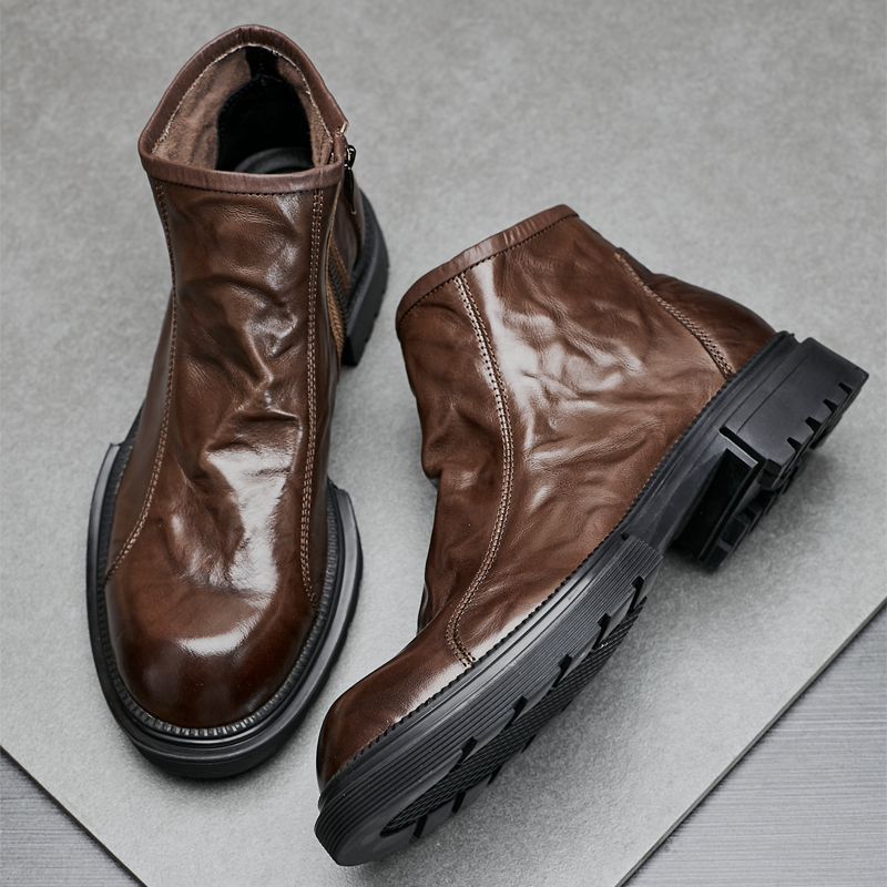 靴子男秋冬季真皮厚底高帮马丁靴