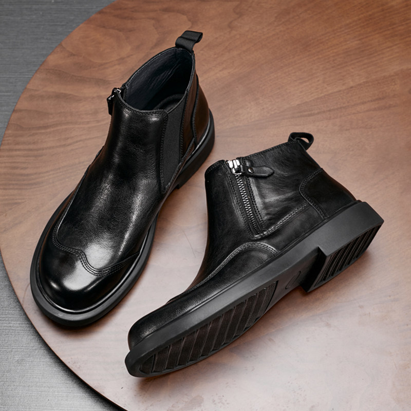靴子男士休闲高帮马丁靴真皮平底户外皮靴中帮拉链圆头切尔西靴潮