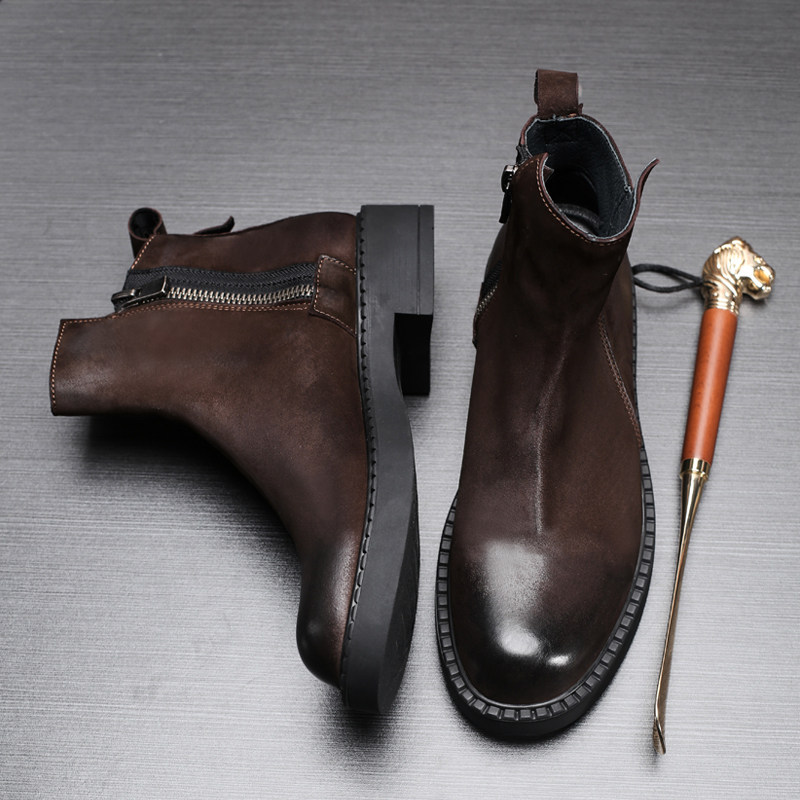 高帮切尔西靴男2025冬季真皮复古拉链靴子圆头男靴户外时尚马丁靴