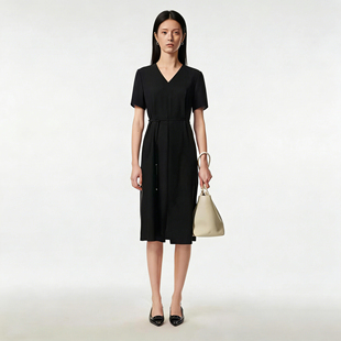 lau劳rel芮2026春夏新款 醋酸V领腰带收腰撞色下摆开叉连衣裙 女装