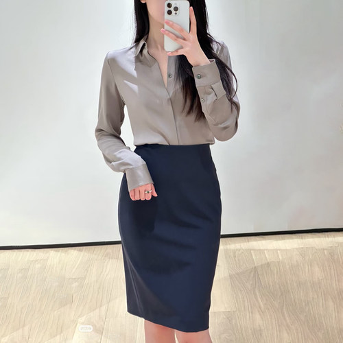 Th同款 【断码清货】春夏女装 桑蚕丝翻领修身长袖衬衫 M0102536