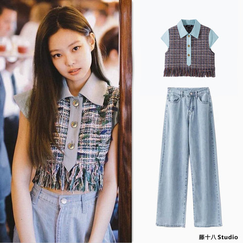 jennie同款粗花呢流苏衬衫t恤