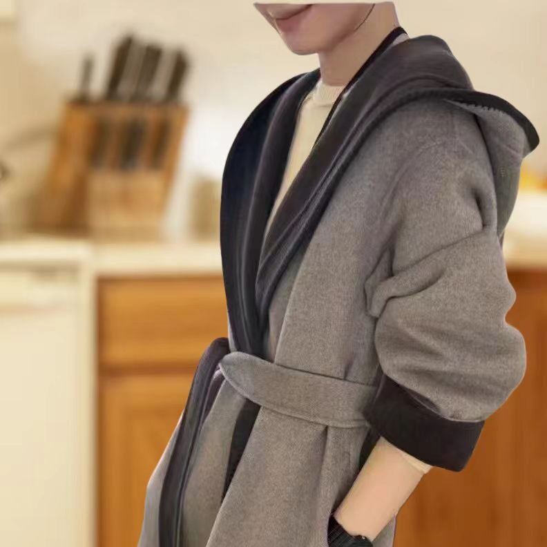 高端定制 欧洲站  连帽休闲羊绒羊毛腰带款大衣25515