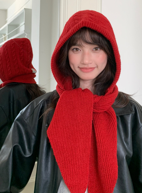 红色帽子围巾一体女士冬女款2025新款时尚洋气女生韩系冬季显脸小