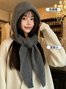 冬季灰色毛绒帽子围巾一体女士冬女款2025新款时尚洋气冬天大头围