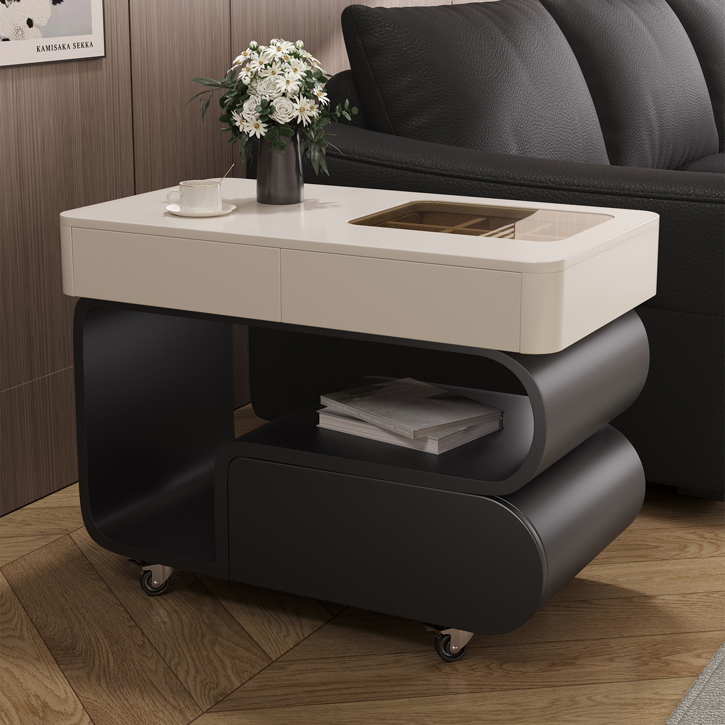 宜友意式轻奢家用客厅小户型沙发边几多功能带轮可移动小推车茶几