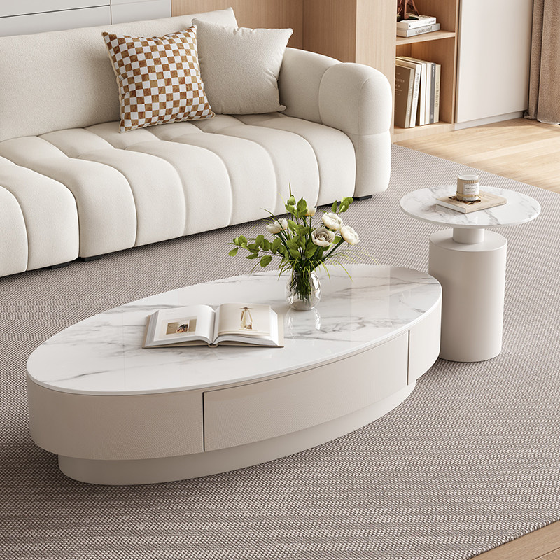 宜友北欧现代简约风家用客厅小户型高级感设计椭圆形岩板茶几组合
