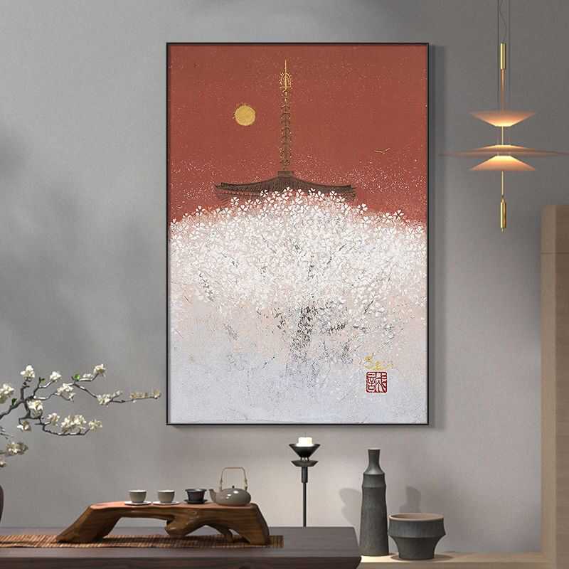 新中式玄关中国风挂画现代简约装饰画客厅沙发背景墙红色建筑壁画图片