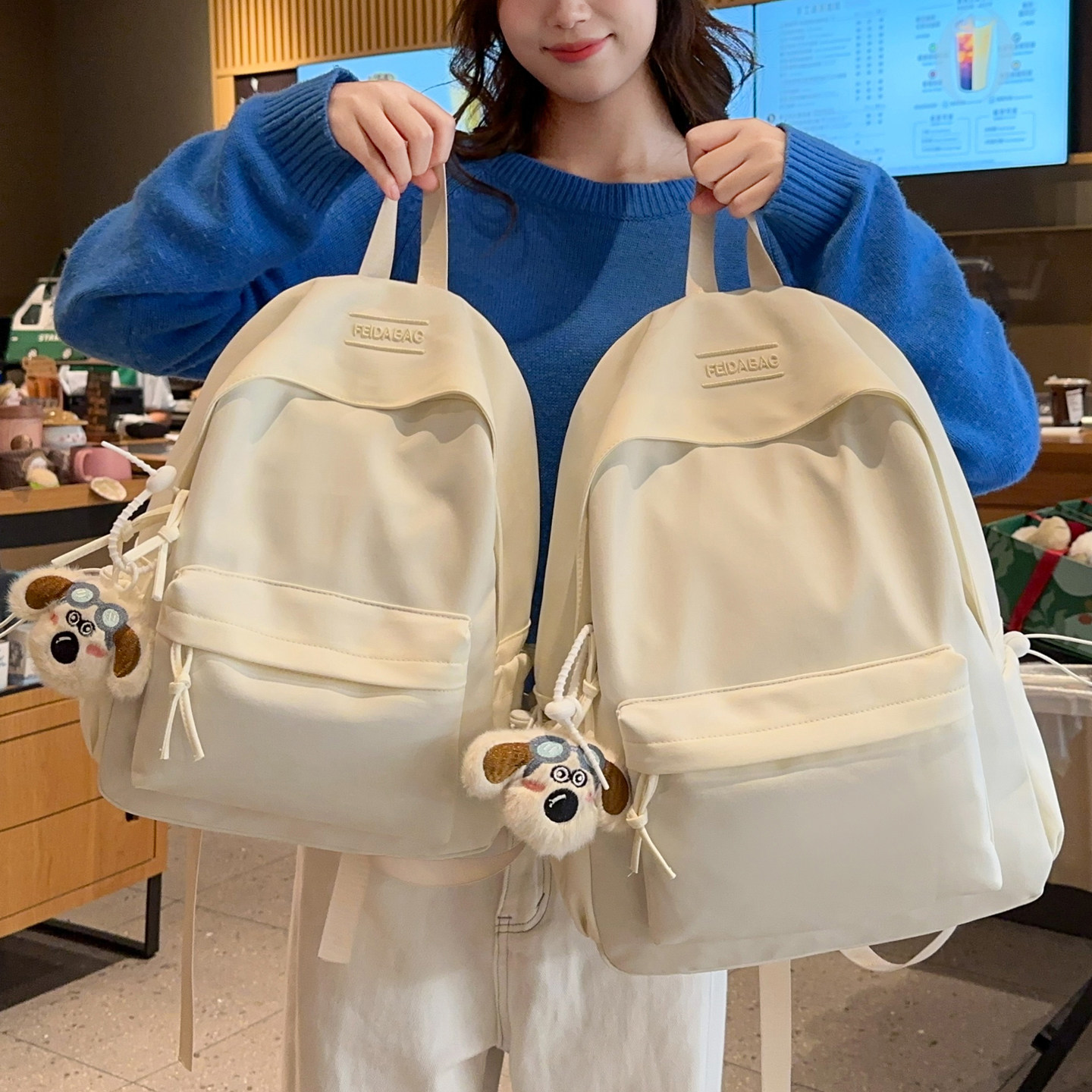 复古风酒红色双肩包女初高中生轻便书包女大学生纯色简约旅游背包