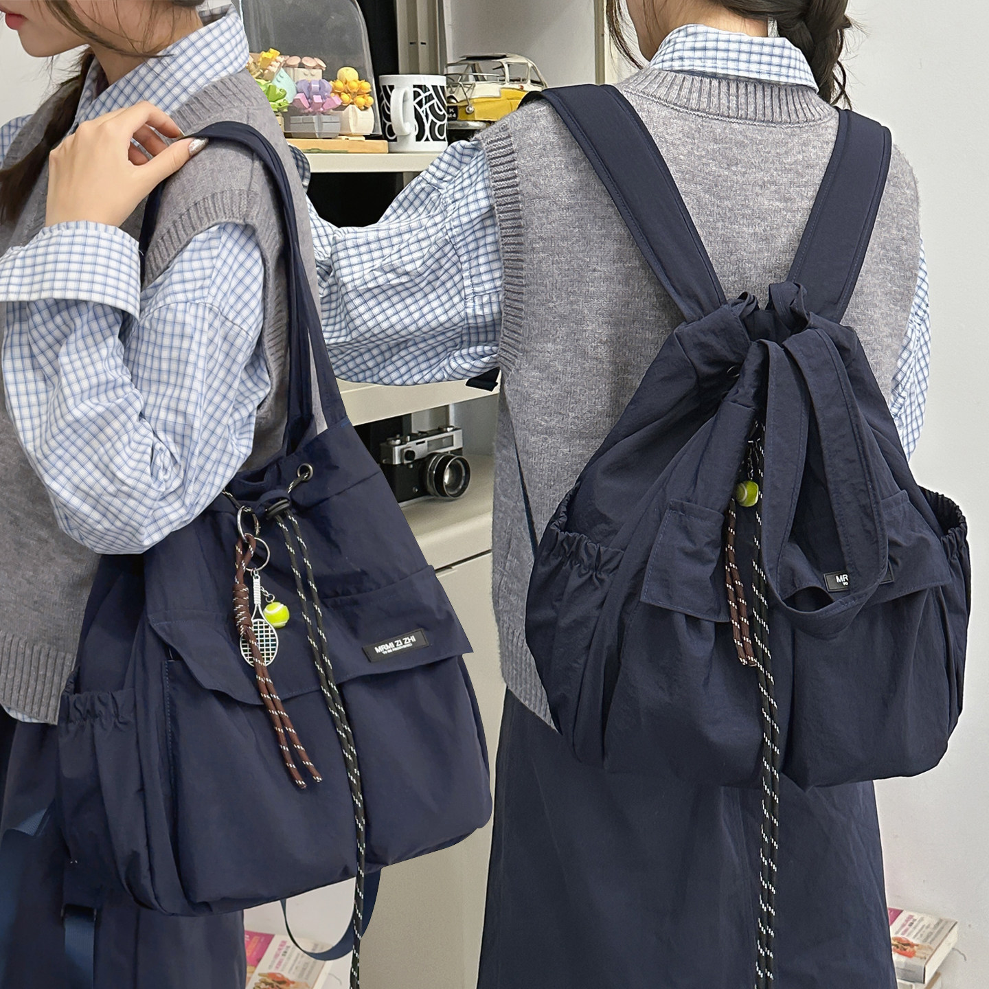 多功能两用包包女大学生户外运动旅游双肩包初中生轻便束口单肩包
