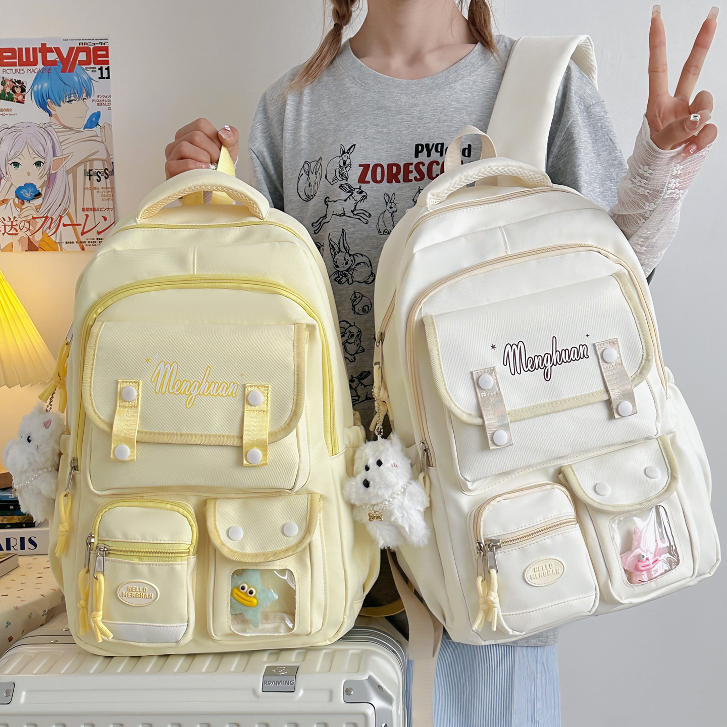 学院风多口袋书包女小学生初中女生日系减负双肩包高中生背包女童