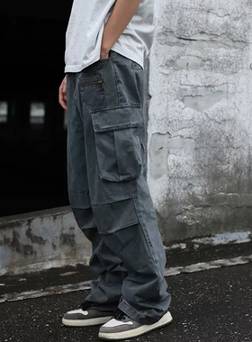 weather free美式复古直筒工装长裤男女多口袋深灰色宽松休闲裤子