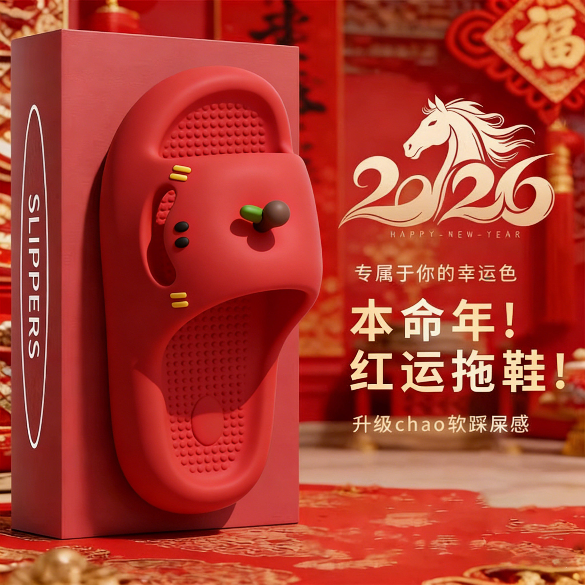 本命年红色苹果拖鞋女款2026新款室内家居浴室防滑防臭踩屎感凉拖,女鞋,一字拖,淘宝优惠券,粉丝福利购,淘宝优惠卷