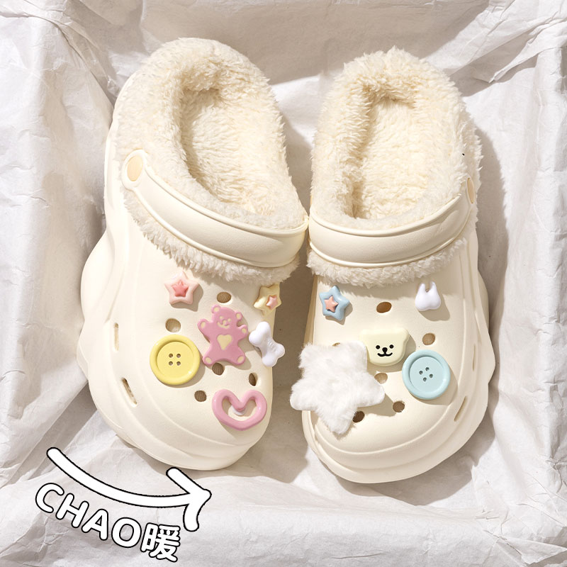 加绒棉洞洞鞋2024秋冬季新款保暖外穿防滑厚底增高踩屎感拖鞋女士
