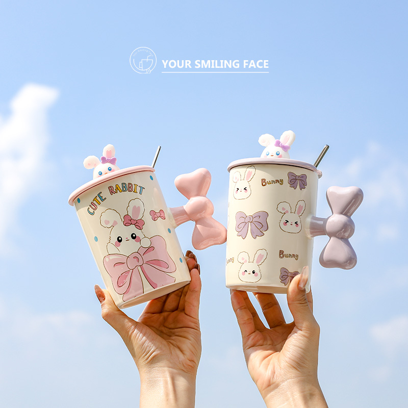 卡通可爱兔子马克杯带盖勺高颜值女生陶瓷杯子创意家用喝水杯咖啡