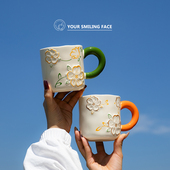 浮雕花朵陶瓷水杯新款 马克杯办公室咖啡杯早餐牛奶杯家用情侣杯子