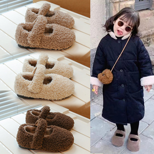 女童毛毛单鞋简约复古羊羔毛棉鞋小女孩冬季加绒保暖鞋儿童公主鞋