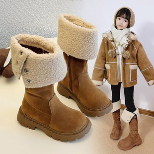 女童美拉德两穿靴子儿童冬季 羊羔毛过膝靴公主长筒靴软底绒面 新款