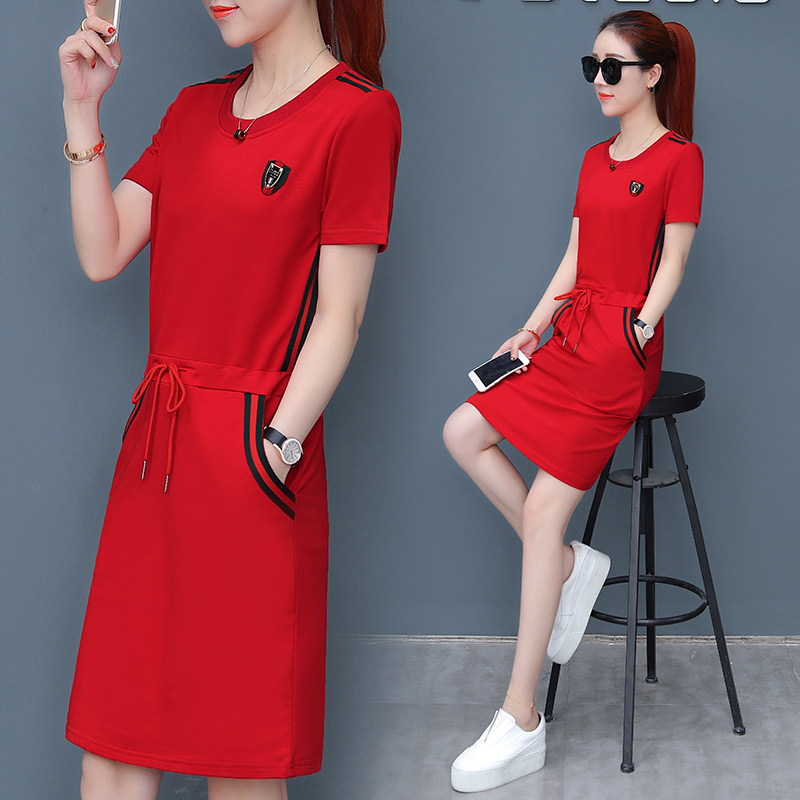 卫衣女薄款2020新款夏中长款圆领假两件卫衣裙子短袖修身连衣裙潮