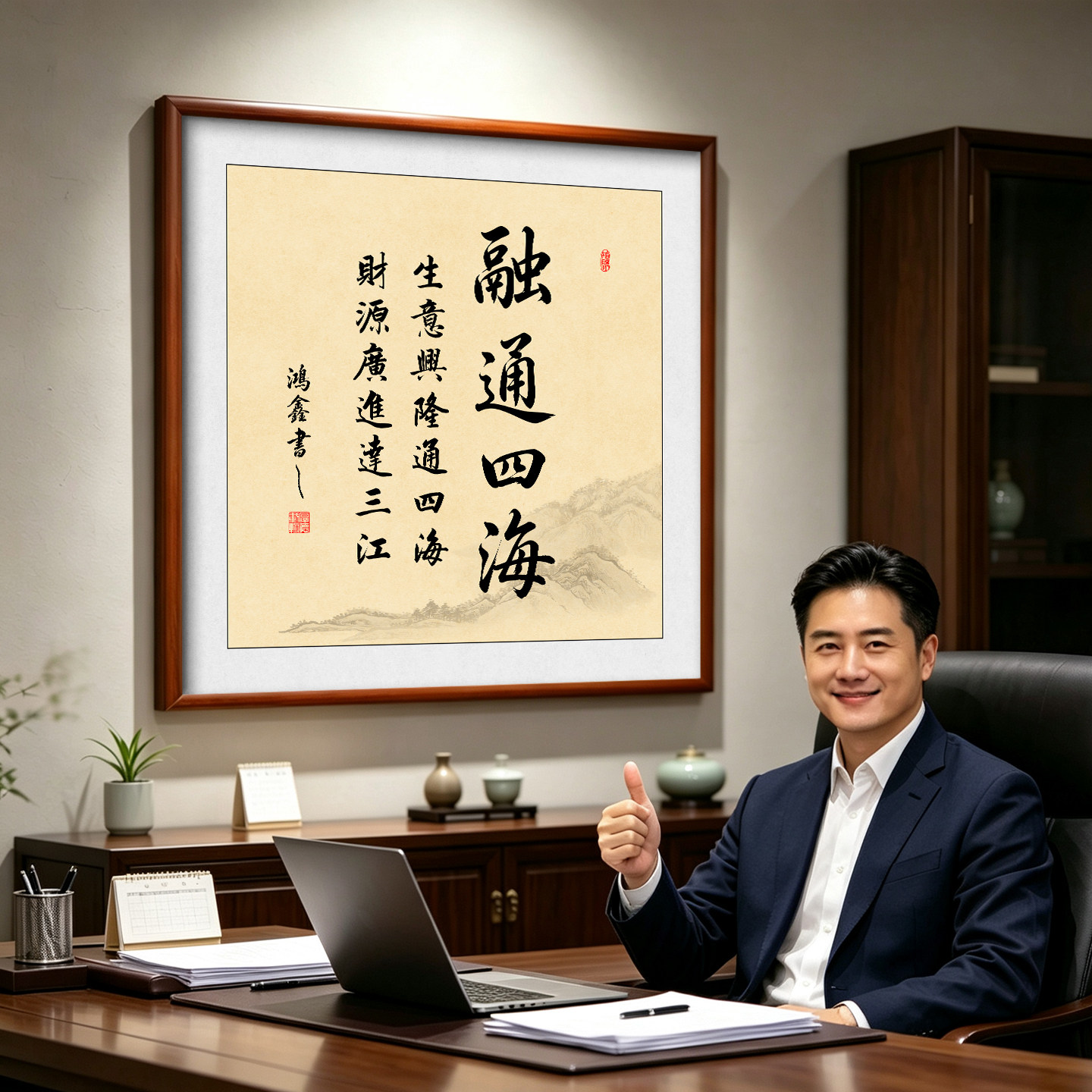 融通四海挂画书法字画生意兴隆公司老板办公室装饰画实木框高级感