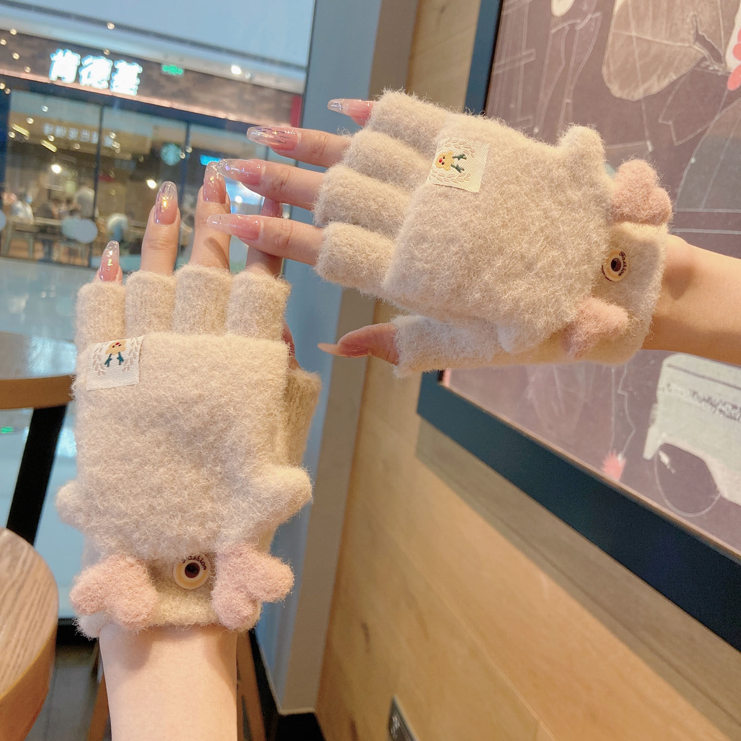 女士手套冬天韩版学生写字粉色可爱鹿耳半指翻盖毛绒加绒保暖防寒,服饰配件/皮带/帽子/围巾,手套,淘宝优惠券,粉丝福利购,淘宝优惠卷