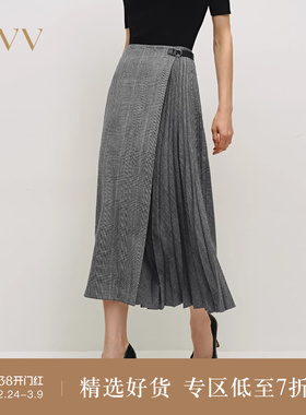 OVV秋冬热卖女装精纺羊毛格纹单侧百褶设计半身裙