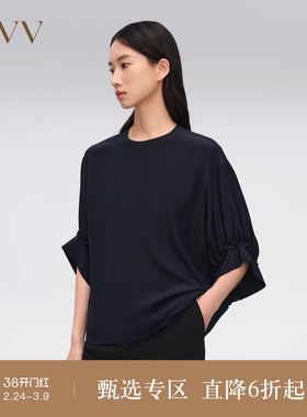【重磅真丝】OVV春夏热卖女装18MM双绉灯笼袖圆领T恤