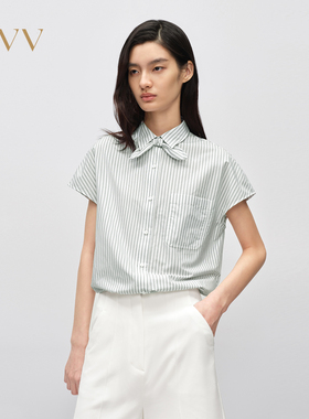 OVV2025春夏新款女装丝棉混纺清爽条纹蝴蝶结短袖休闲衬衫