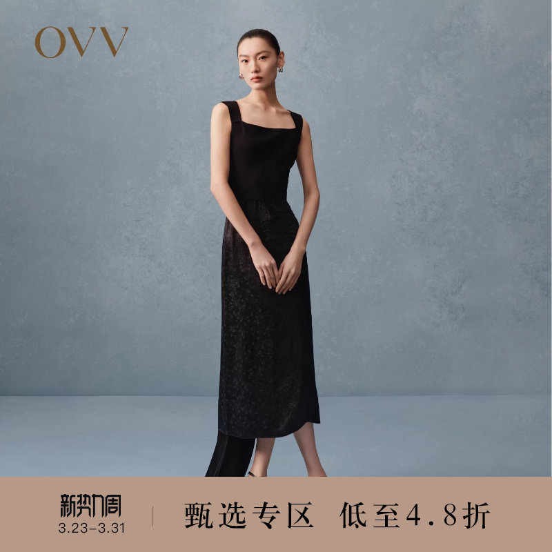 OVV春夏热卖女装方领宽肩带小黑裙优雅简约无袖连衣裙