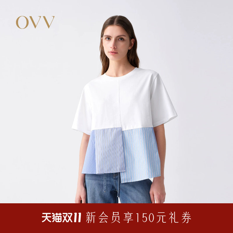 OVV2026春夏新款女装不对称针梭镶拼休闲圆领短袖T恤