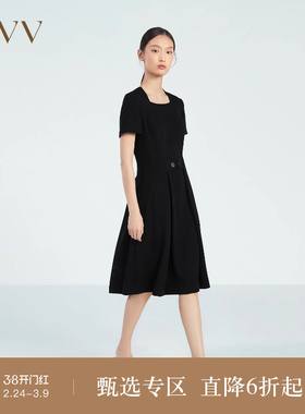 OVV春夏热卖女装十字纹醋酸复古优雅方领小黑裙短袖连衣裙