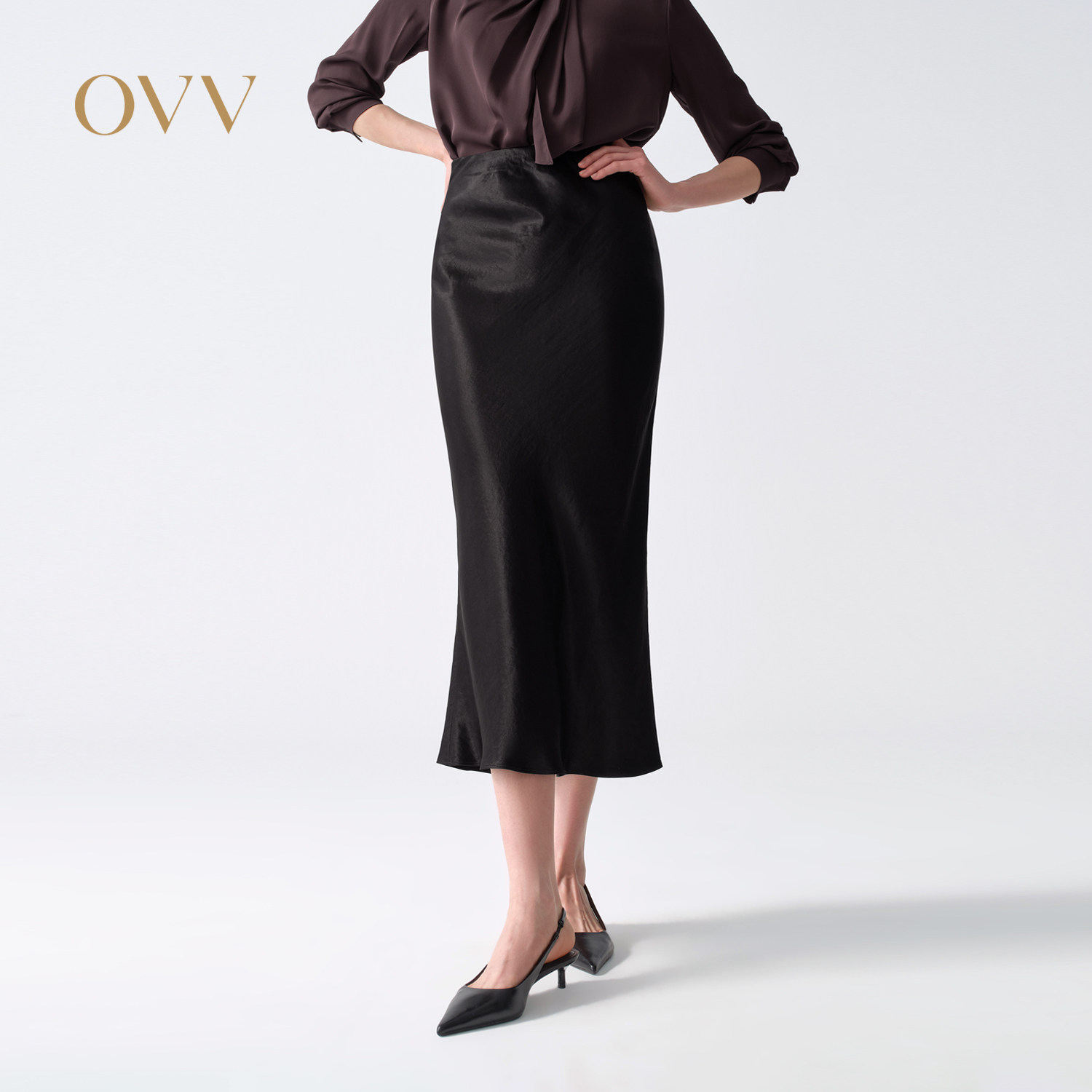 OVV2026春夏新款女装醋酸光泽感小黑裙简约直筒半身裙