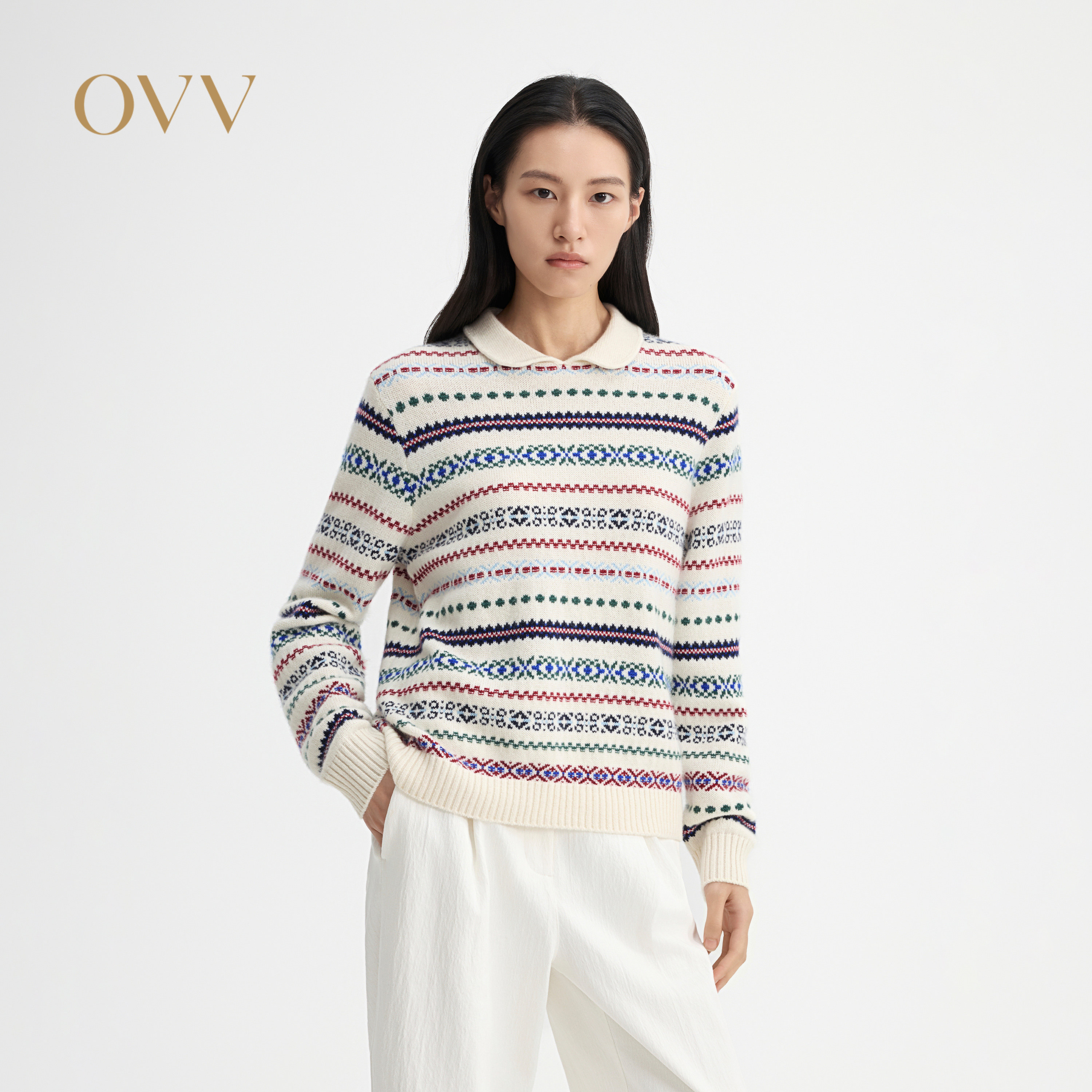 OVV2026秋冬新款女装复古费尔岛翻领文艺休闲羊绒衫