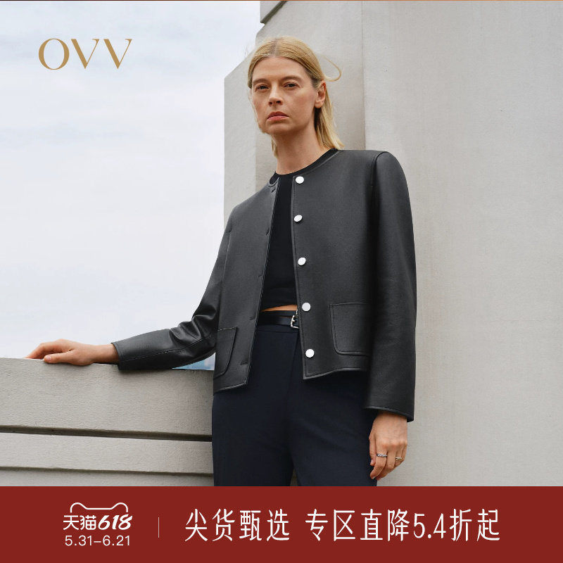 OVV秋冬热卖女装时髦简洁小圆领高级羊皮革皮衣外套