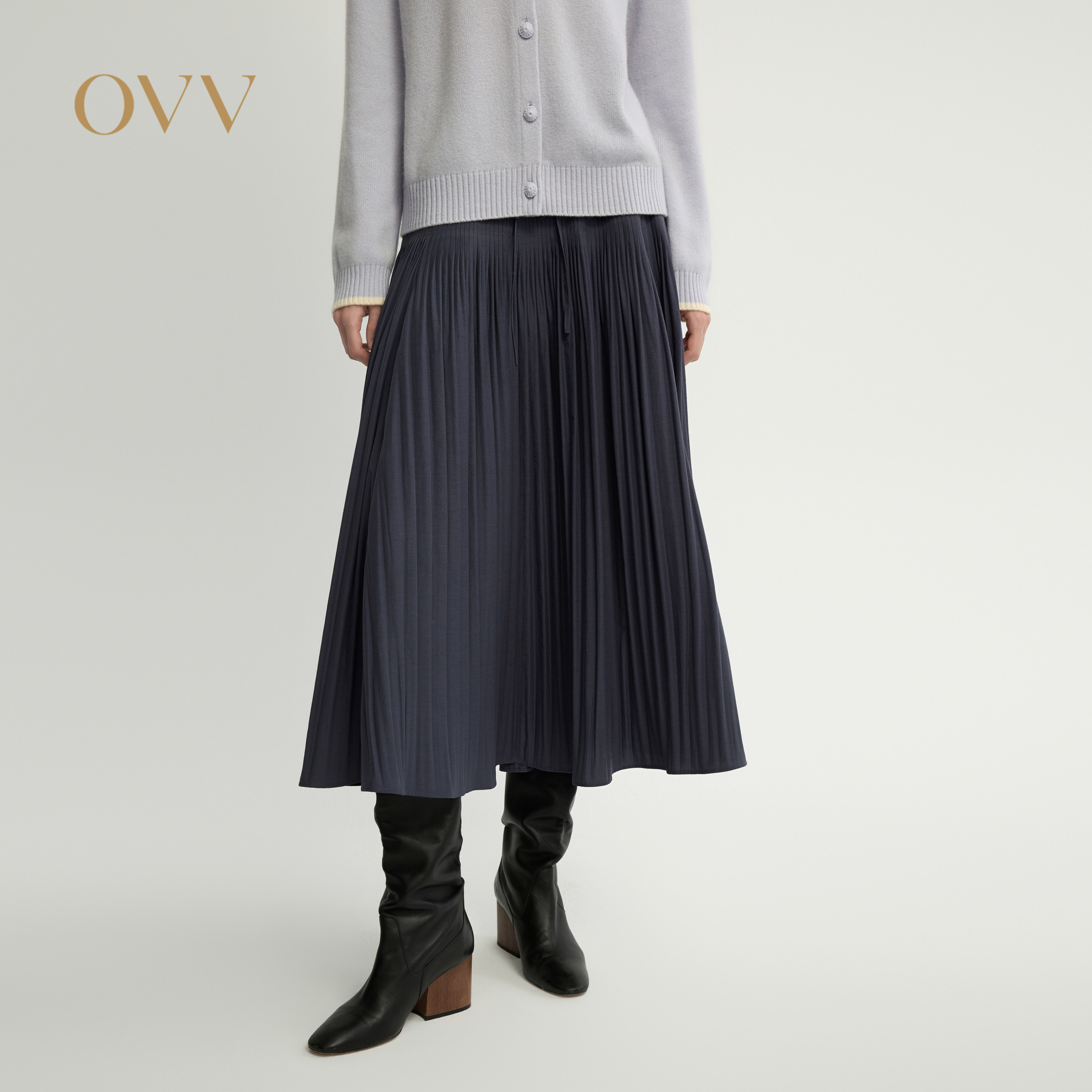 OVV2026秋冬新款女装高腰线系带立体百褶休闲半身裙