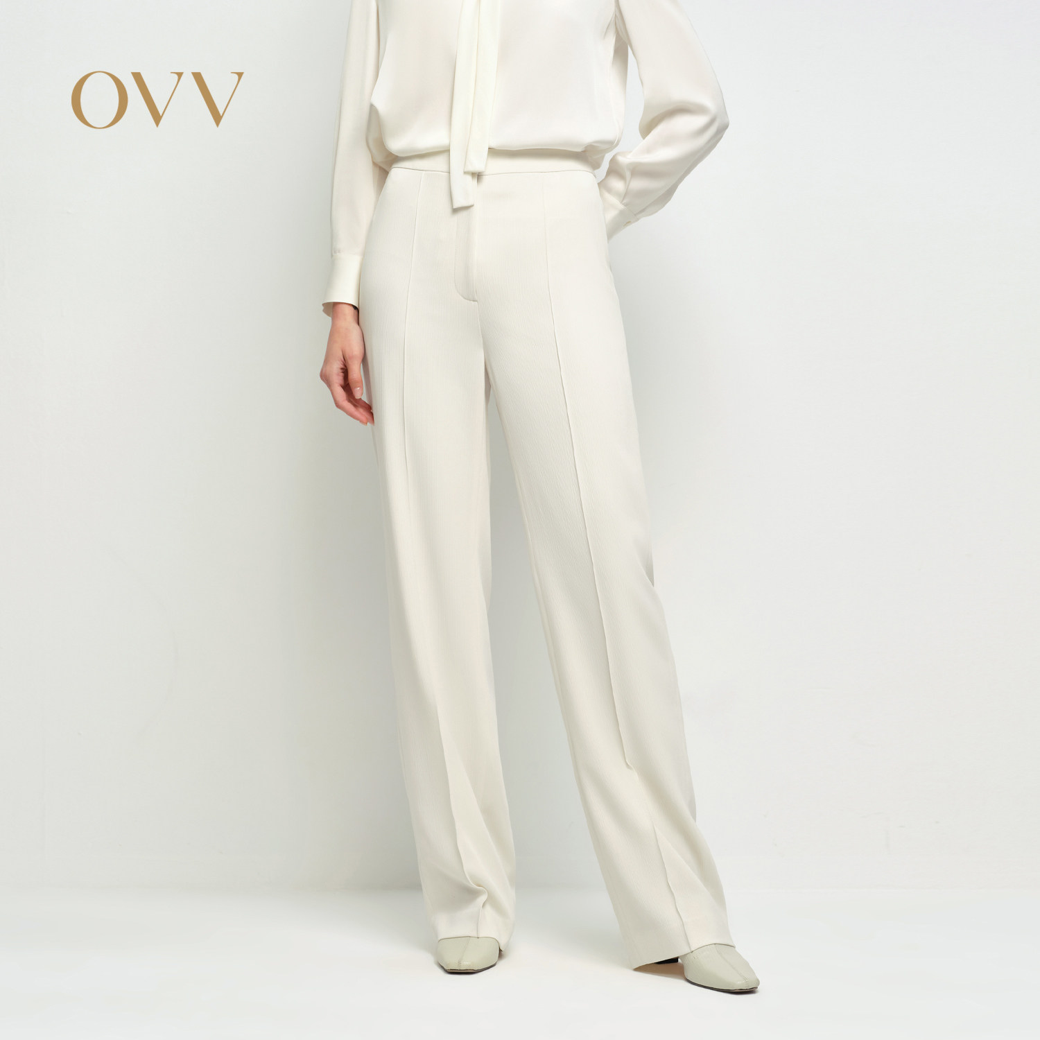 OVV2025春夏新款女装淡人经典时髦三醋酸面料休闲微喇西裤