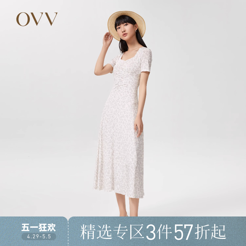 【小雏菊印花】OVV春夏热卖女装方领修身长款短袖连衣裙