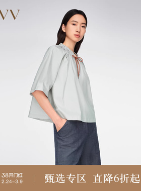 OVV春夏热卖女装棉质抽绳设计褶裥七分袖休闲衬衫上衣