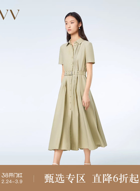 OVV春夏热卖女装抽褶收腰衬衫式版型休闲A字伞裙短袖连衣裙