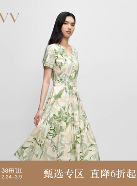 OVV2025春夏新款女装V领轻盈飘逸清新印花短袖连衣裙